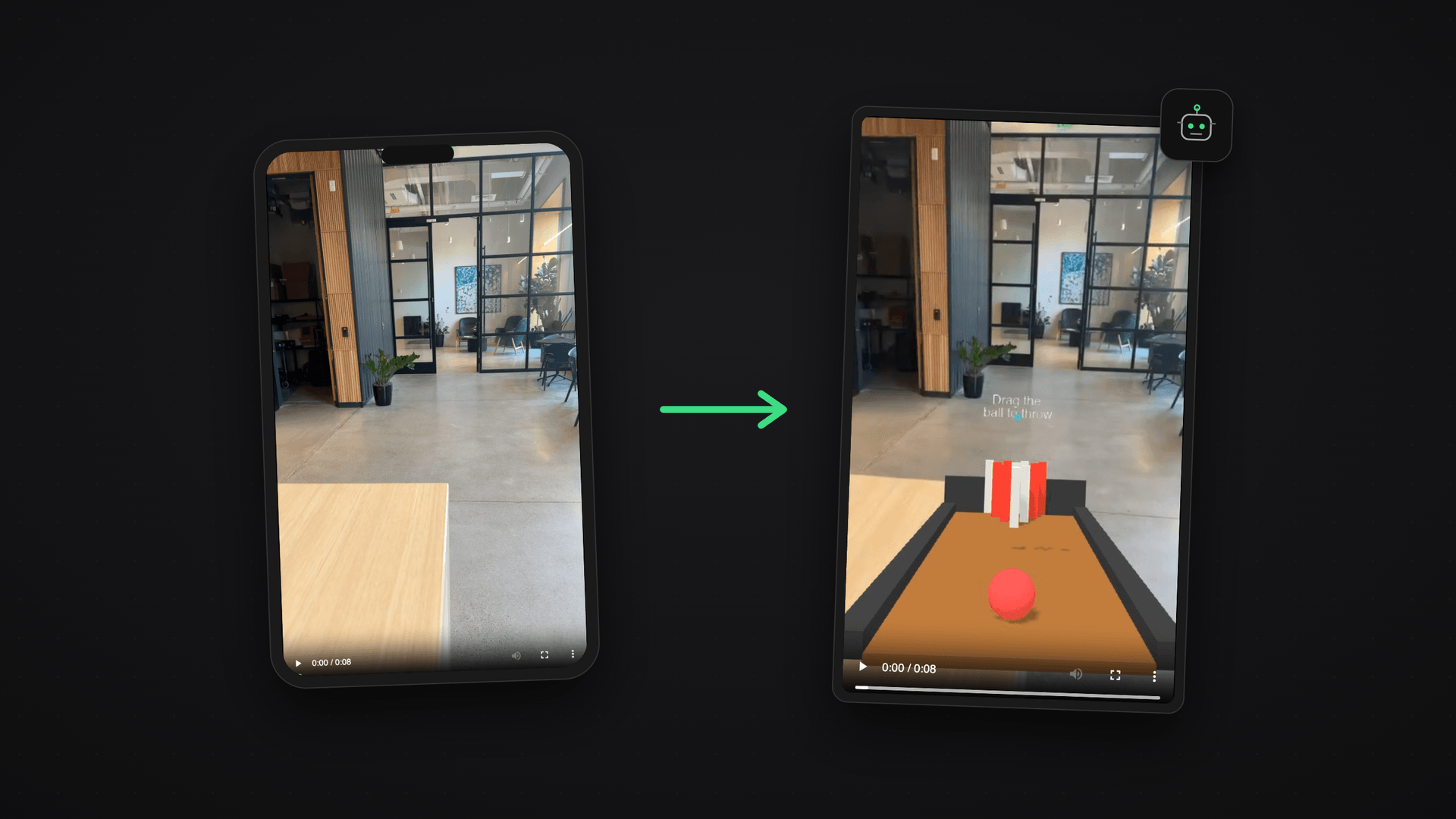 Two phones side by side: one recording a real room, the other running an AR bowling scene the agent tested in that recorded space.