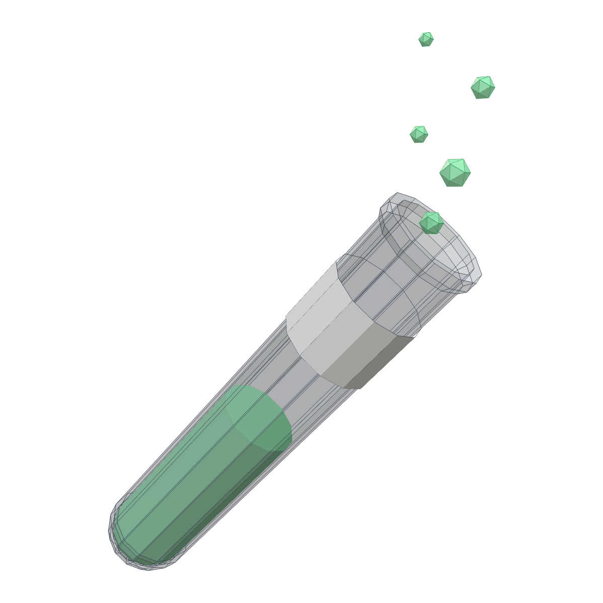 A faceted test tube of green liquid, tilted, releasing bubbles