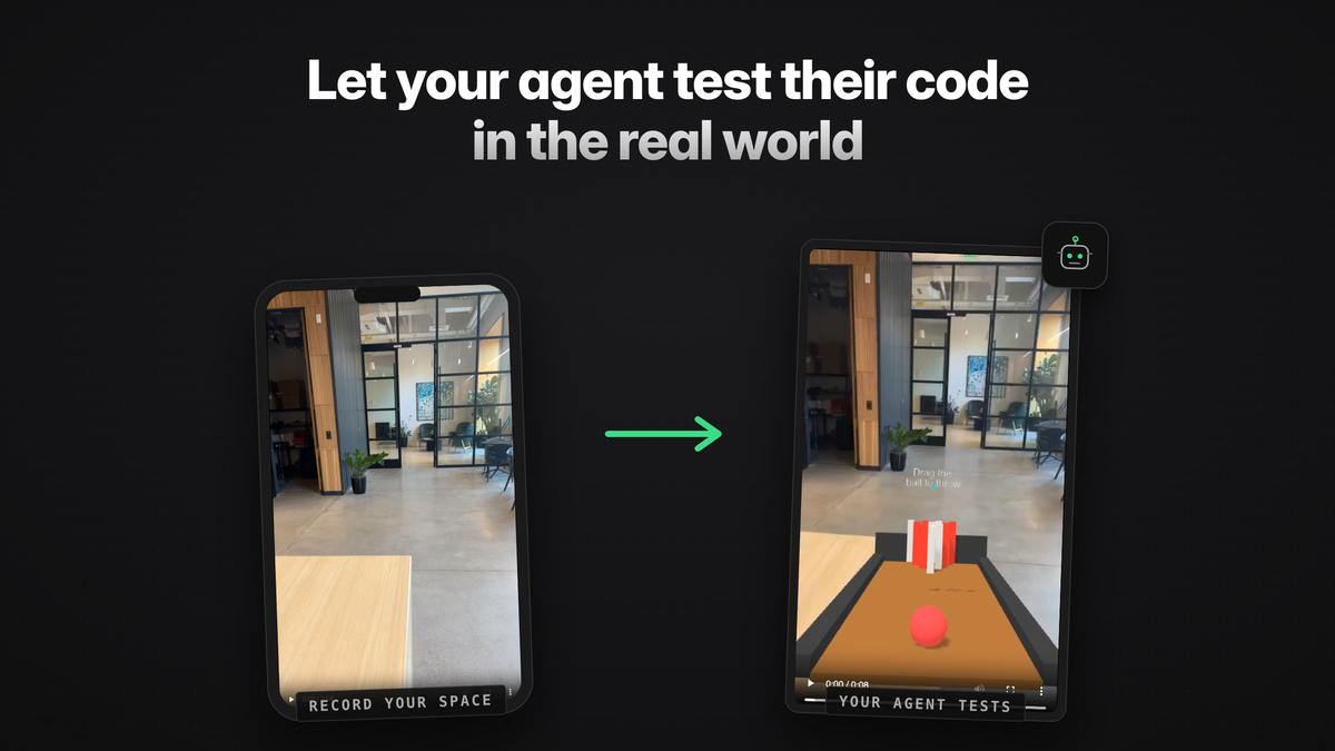 Two phones side by side: one recording an office space, the other showing an AR bowling scene tested inside that same room