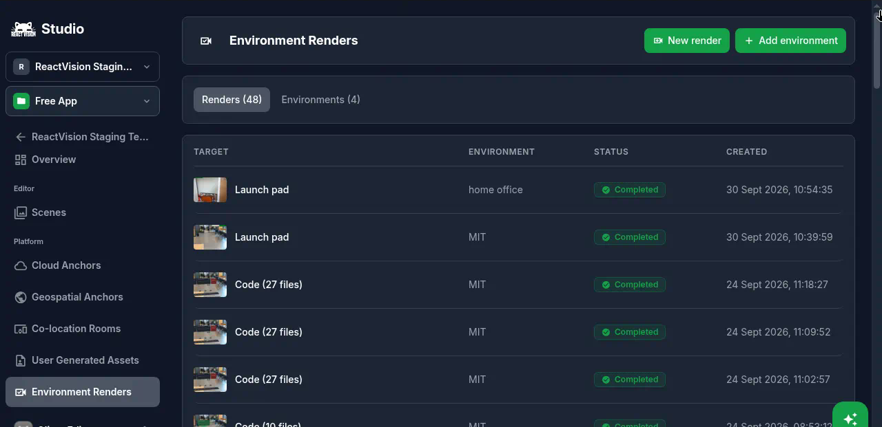 Studio Environment Renders list showing completed renders and New render