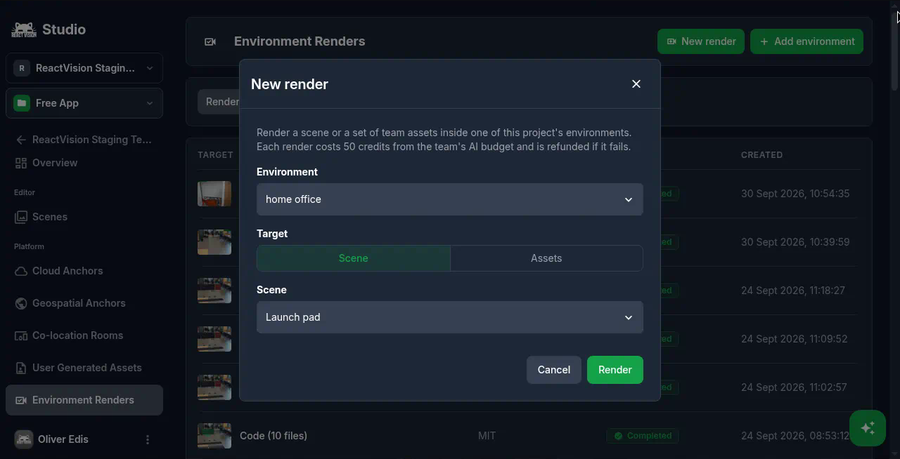New render dialog with Environment, Target and Scene fields