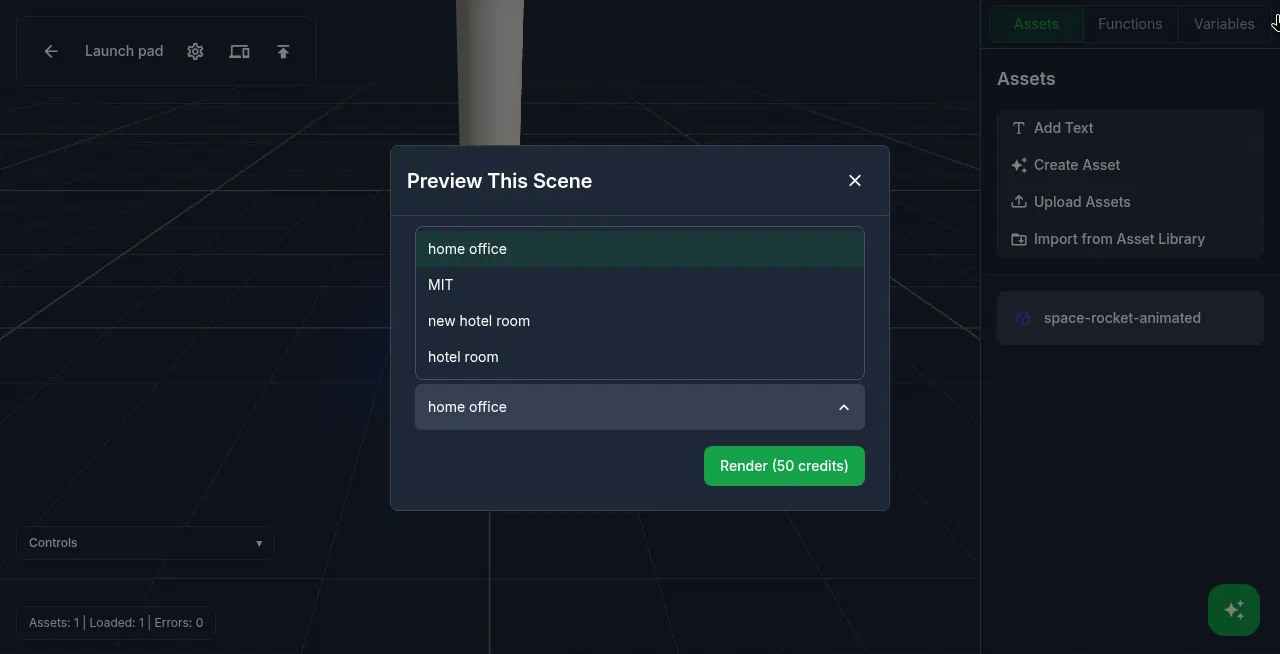 Environment picker listing home office, MIT, hotel room and other recorded sessions