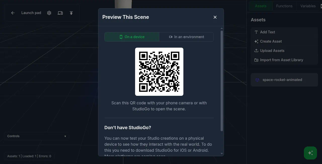 Preview This Scene modal open on the On a device tab
