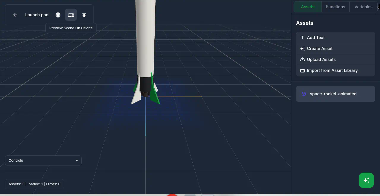 Studio Launch pad scene editor with Preview Scene On Device tooltip in the top bar