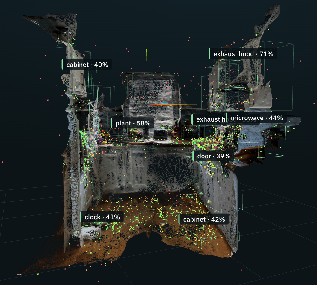 A kitchen processed by Advanced VPS: a full 3D mesh with cabinets, a microwave, an exhaust hood and a plant labelled in place
