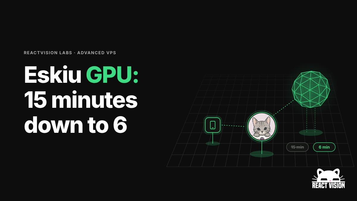 Eskiu GPU pipeline: a phone room capture processed into a 3D wireframe mesh, with scan time cut from 15 minutes to 6