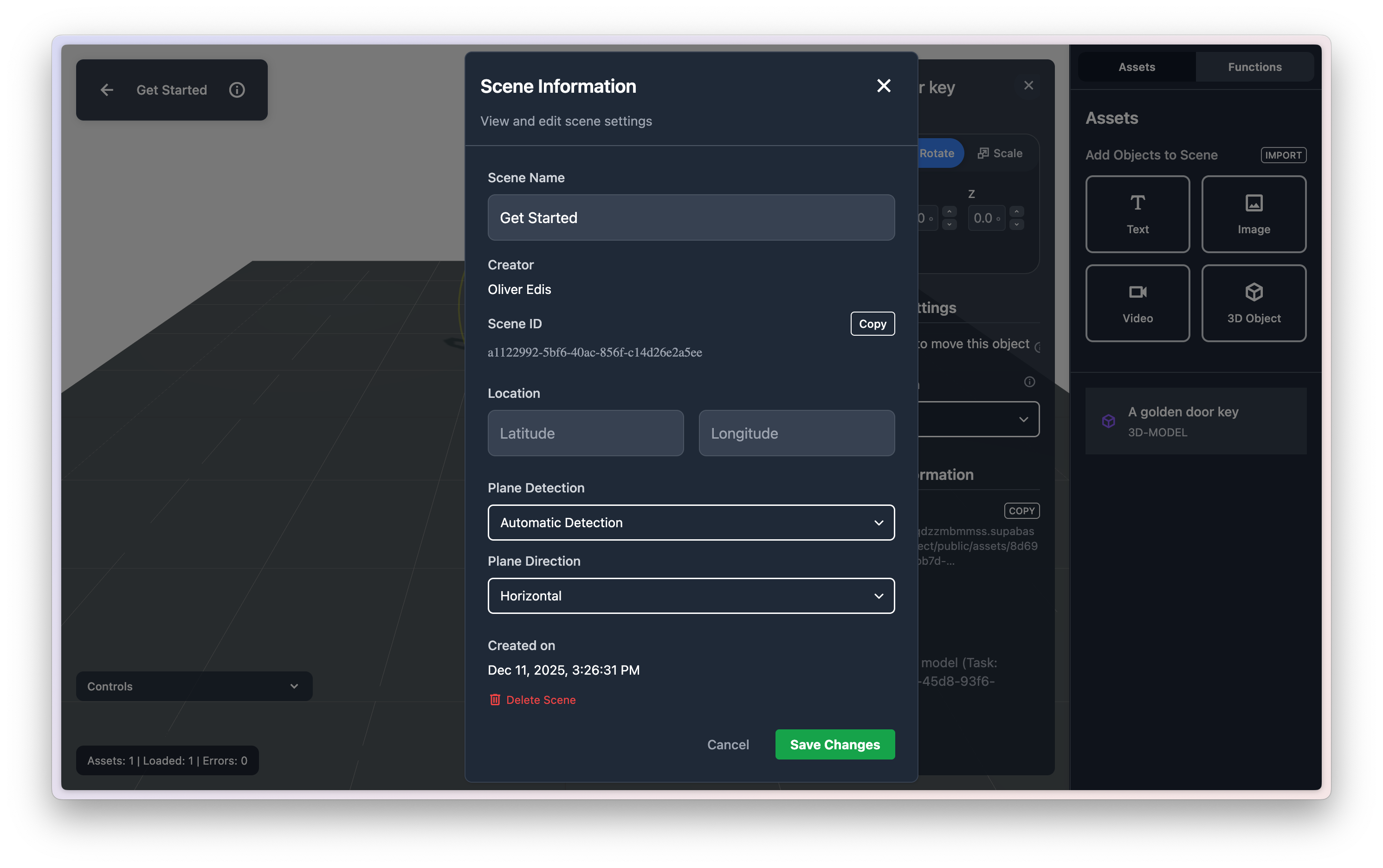 Plane detection controls added to scene creation/editing