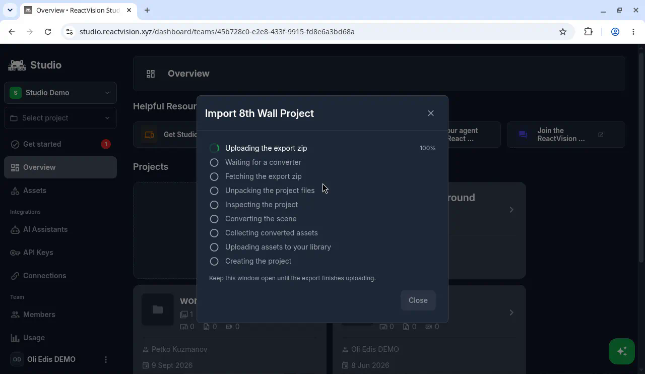 Studio import progress checklist for an 8th Wall export