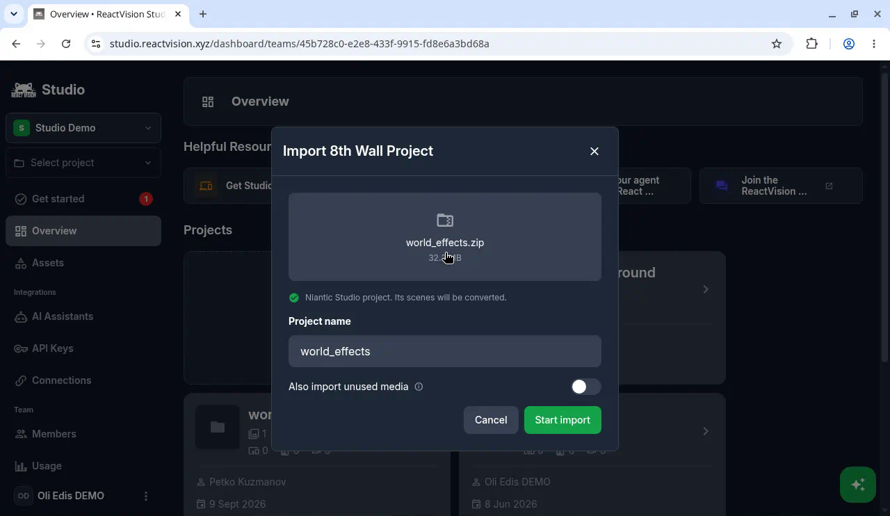 Import 8th Wall Project dialog with export zip selected