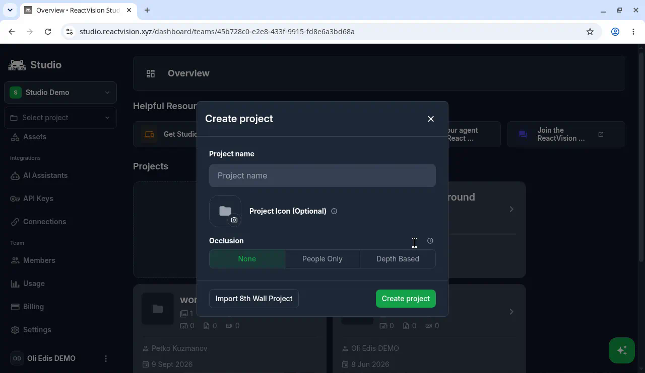 Studio Create project dialog with Import 8th Wall Project option