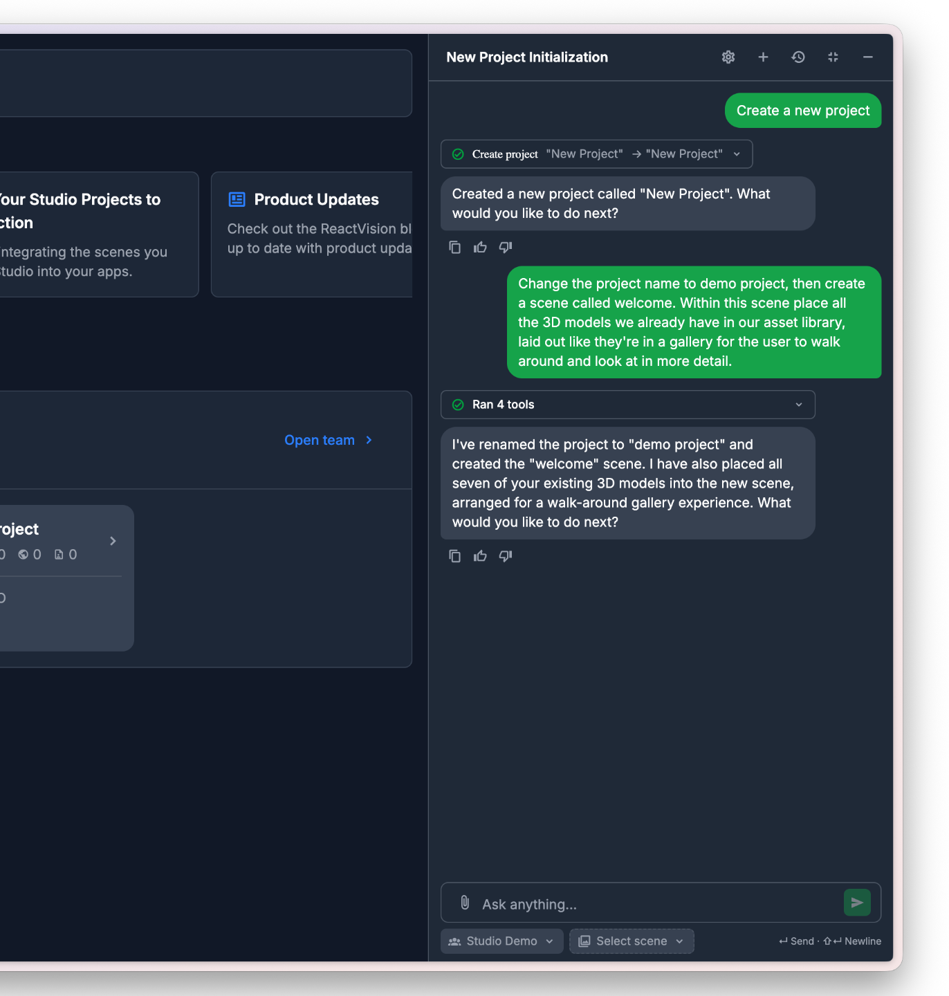 A screenshot of the Studio AI Agent helping create a project from scratch for the user