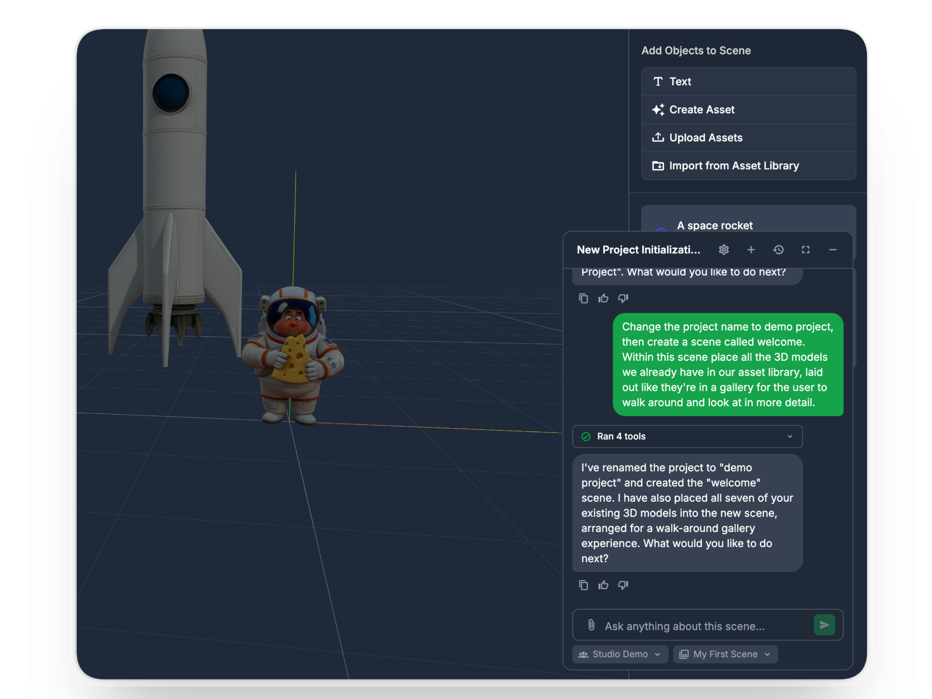 The Studio scene editor with the Studio Agent visible, helping edit the scene without needing to open indavidual components