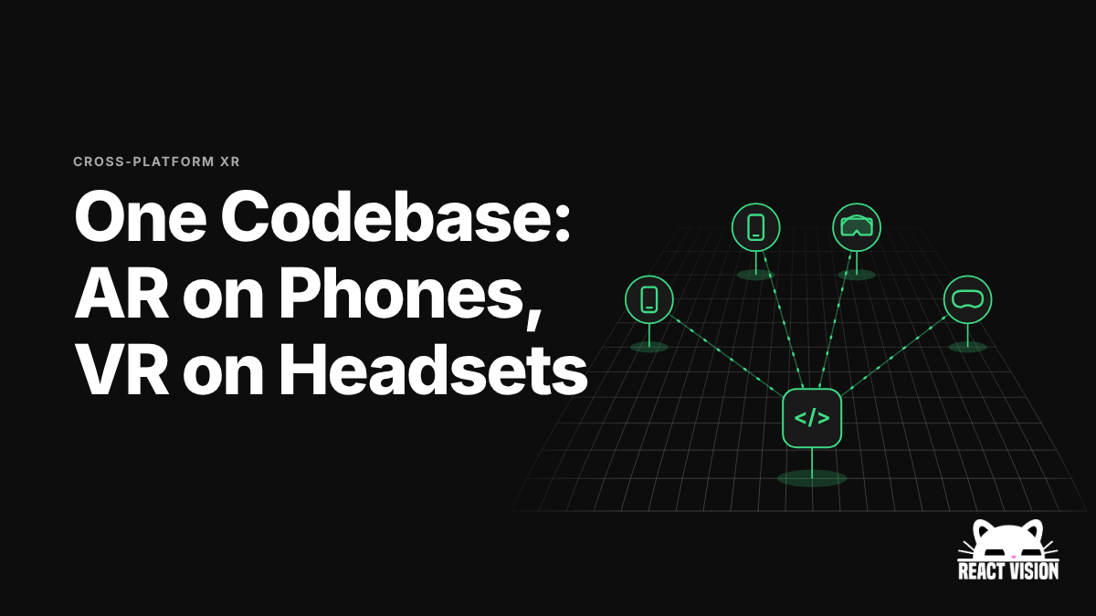 One Codebase: AR on Phones, VR on Headsets: one codebase node linked to two phones, a Meta Quest and an Apple Vision Pro on a wireframe floor