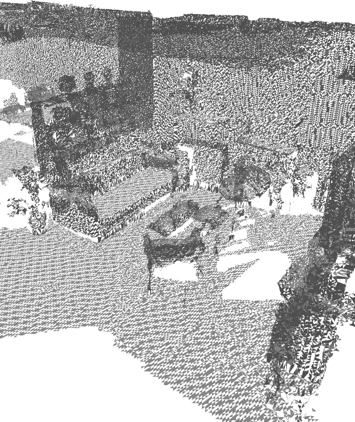 A room scanned with Viro Intelligence on an iPhone, drawn as ViroReact's world mesh. The floor, walls, sofa and shelves are all there as triangles, and the holes are simply the places the camera never looked.