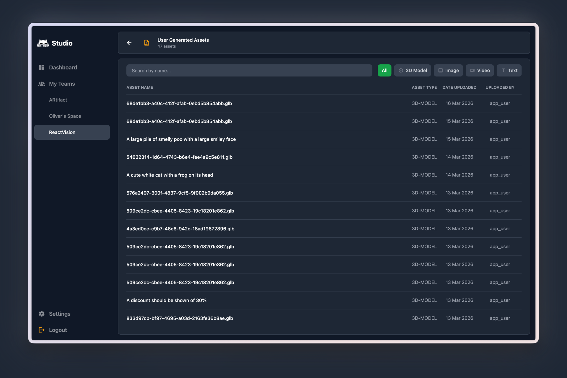 The new User Generated Assets view within ReactVision Studio
