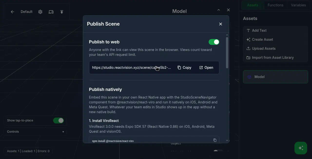 ReactVision Studio publish dialog with Publish to web enabled for a Scene Link