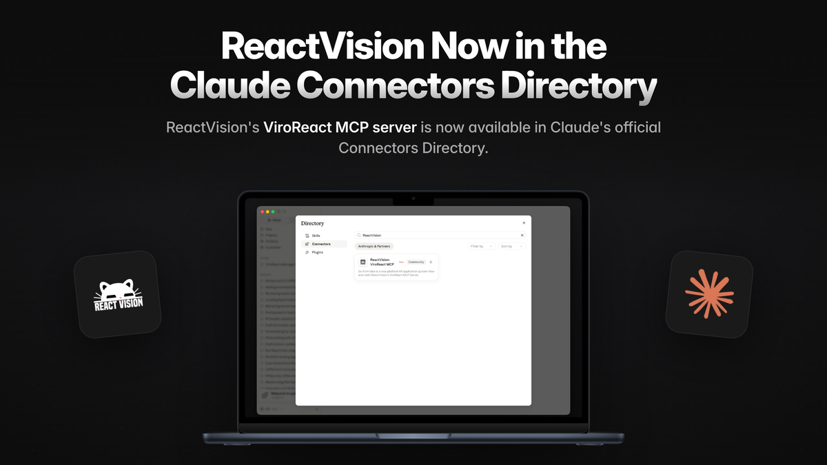 A laptop showing the ReactVision: ViroReact MCP listing in Claude's Connectors Directory, with the ReactVision and Claude app icons either side