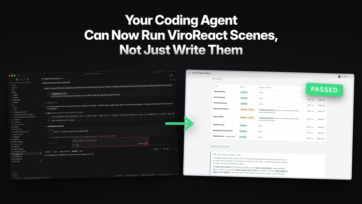 Post title next to a code-brackets motif, announcing scene execution in the ViroReact MCP Server
