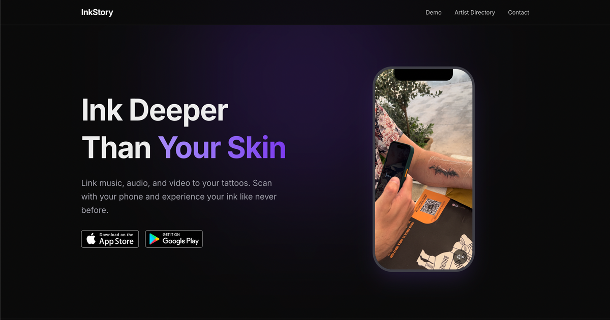 The InkStory website: 'Ink Deeper Than Your Skin', with a phone scanning a tattoo to play back its linked audio.