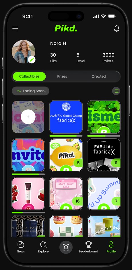 The Pikd collectibles screen: branded items like Fabrica X that a user has collected.