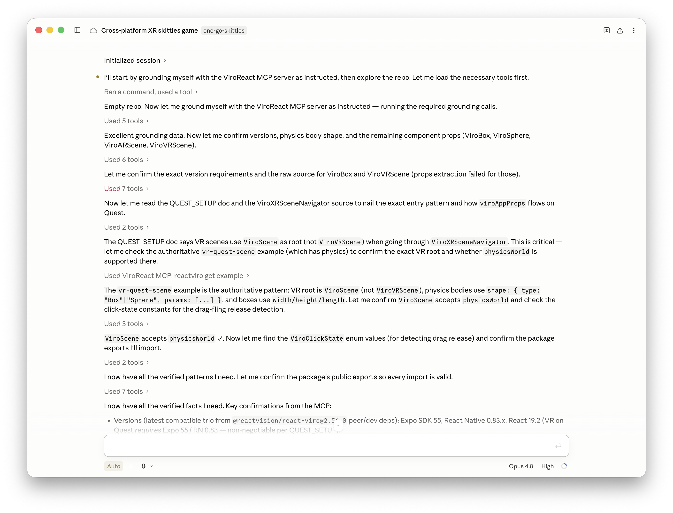 The ViroReact MCP server in use during a Claude Code session