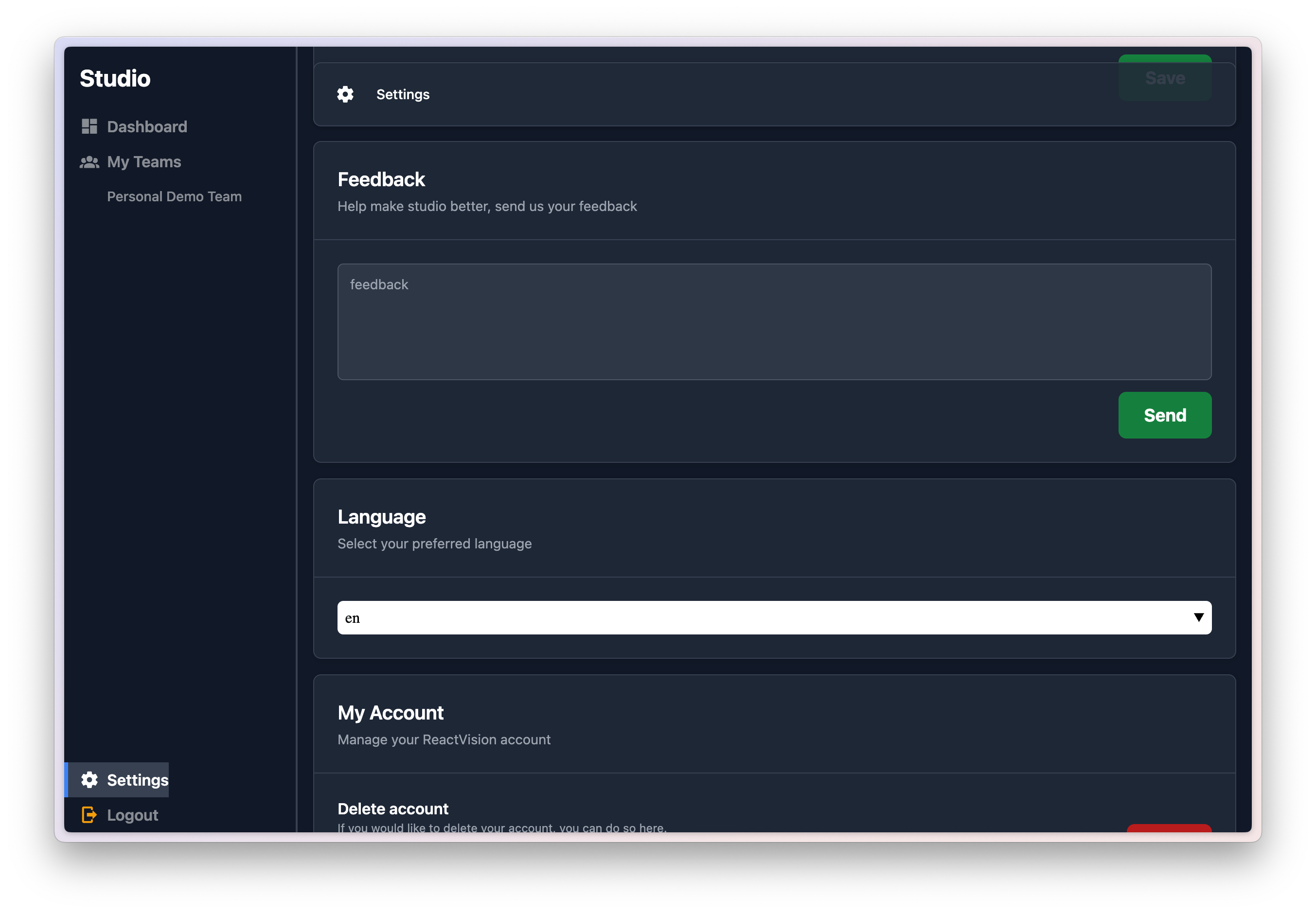 Feedback within the Studio Settings view